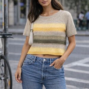 Liz Claiborne Linen/Cotton Striped Beige Yellow Women's Top